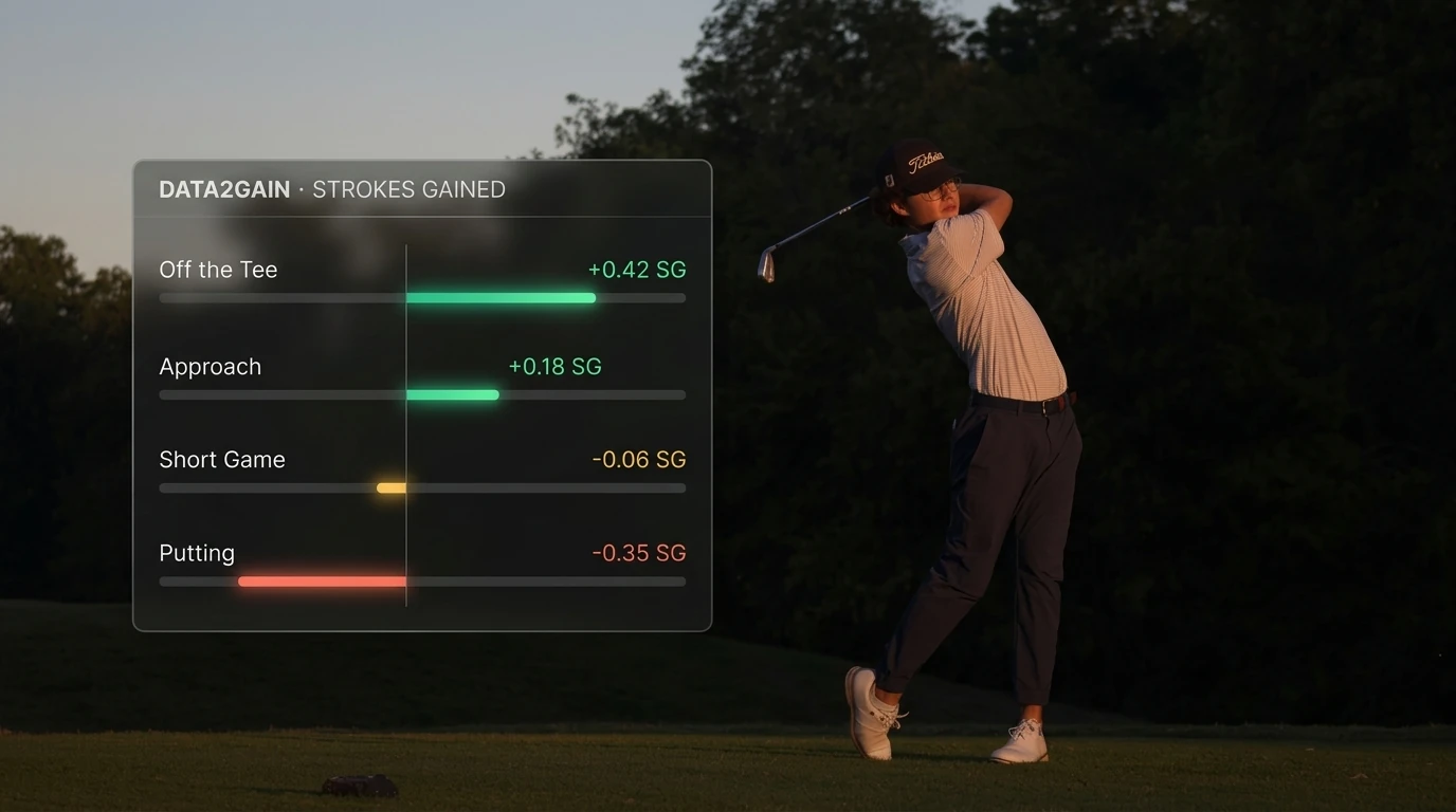 Joven golfista al atardecer con telemetría de Strokes Gained en transparencia